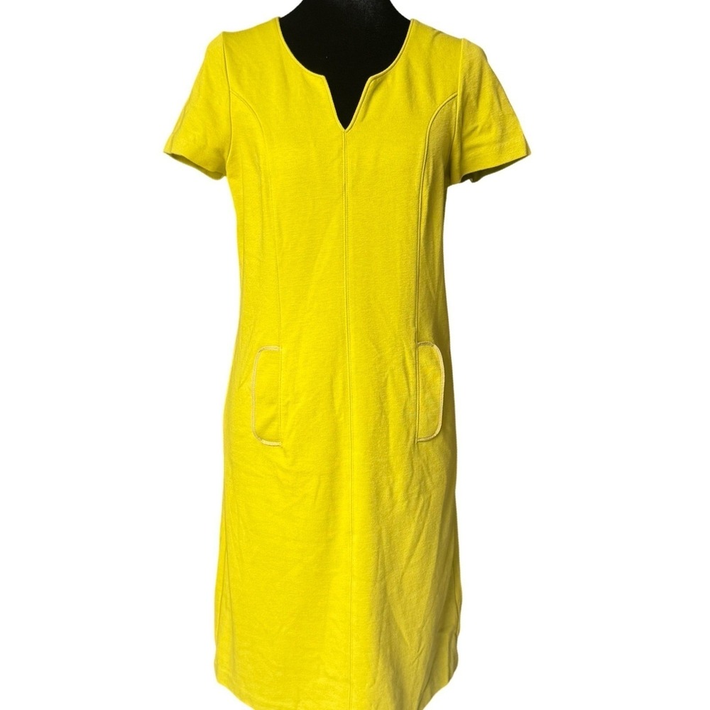 Boden Womens Chartreuse Yellow Shift Dress Notch Neck Pockets US 4R
